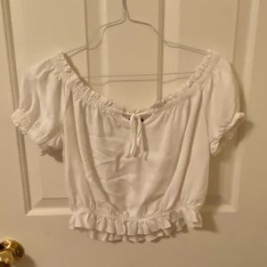 Off the Shoulder Cream Crop Top with Rucheing and a Tie